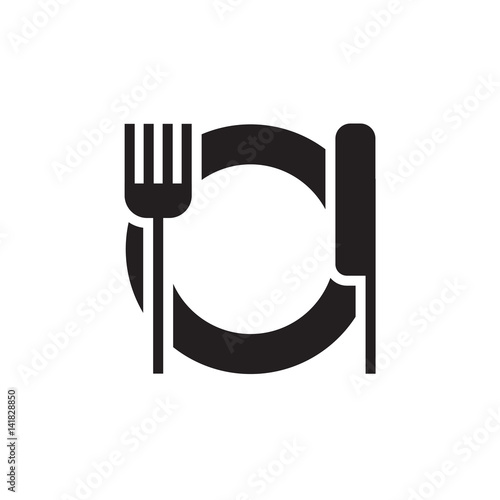 Vector icon or illustration showing plate, knife and fork in one color