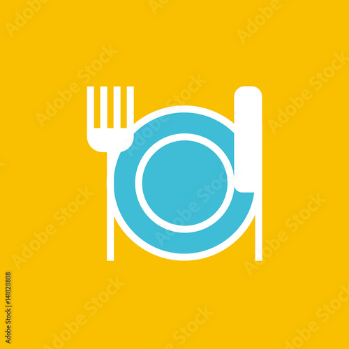 Vector icon or illustration showing plate, knife and fork in outline style