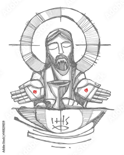 Jesus Christ with wine, bread and open hands illustration