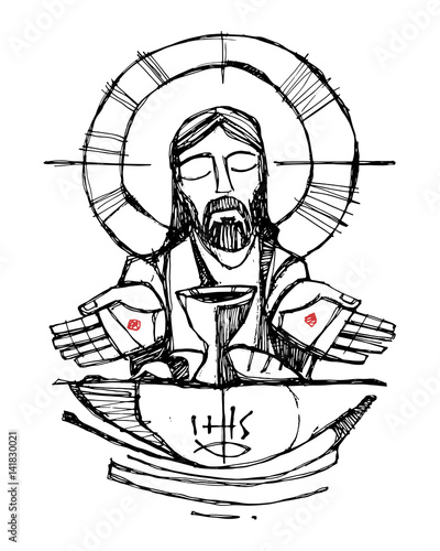 Jesus Christ with wine, bread and open hands illustration