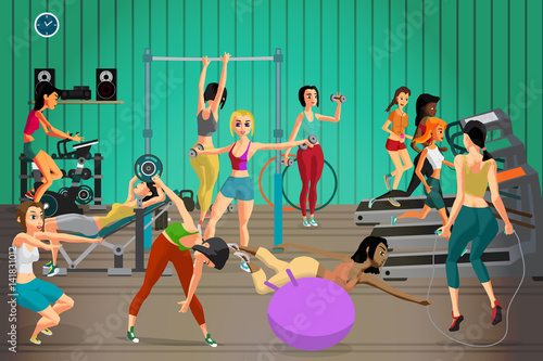 Women in sportswear are engaged in a gym. Vector flat cartoon il