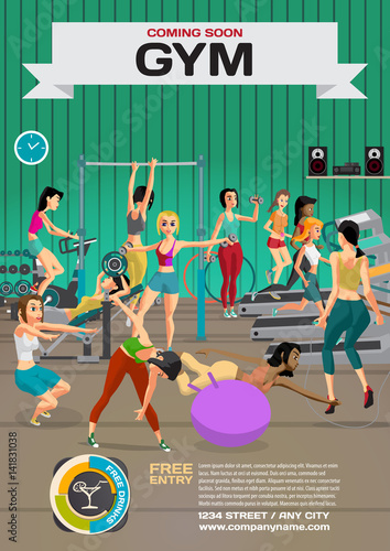 Template for a poster on the gym. Reception and  gymnasium. Woma