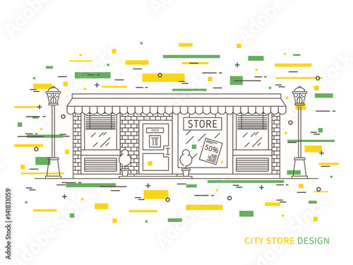 Linear flat exterior (landscape) design illustration of modern designer store (shop) with windows, decorative elements. Outline vector graphic concept of store (shop) exterior (landscape) design.  
