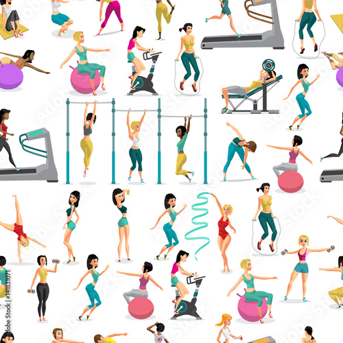 Seamless pattern women doing fitness exercises in the gym. Carto