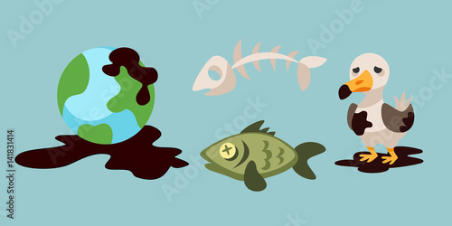 Ecological problems environmental oil pollution of water earth air deforestation destruction of animals mills factories forest protection vector illustration. © partyvector