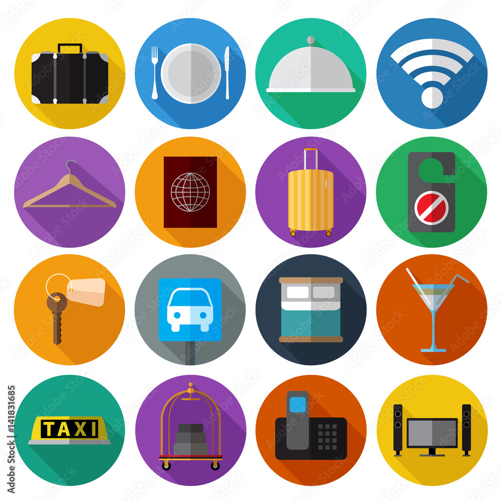 Set os simple modern hotel symbols flat icons on color circles Set os simple modern hotel symbols flat icons on color circles