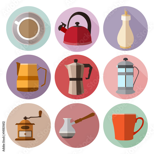 Set of simple coffee flat icons with long shadows on volor circl