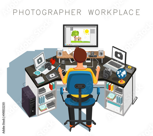 Photographer workplace. Photographer at work. Vector illustration