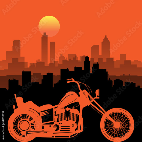 Motorcycle and city skyline. Emblem of bikers club sign