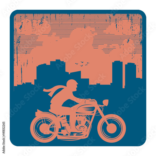 Motorcycle and city skyline. Emblem or sign of bikers club