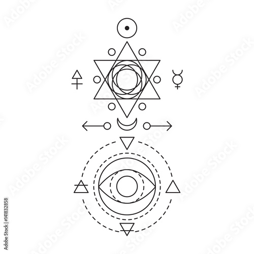 Symbol of alchemy and sacred geometry. Linear character illustration for lines tattoo on the white isolated background. Three primes: spirit, soul, body and 4 basic elements: Earth, Water, Air, Fire