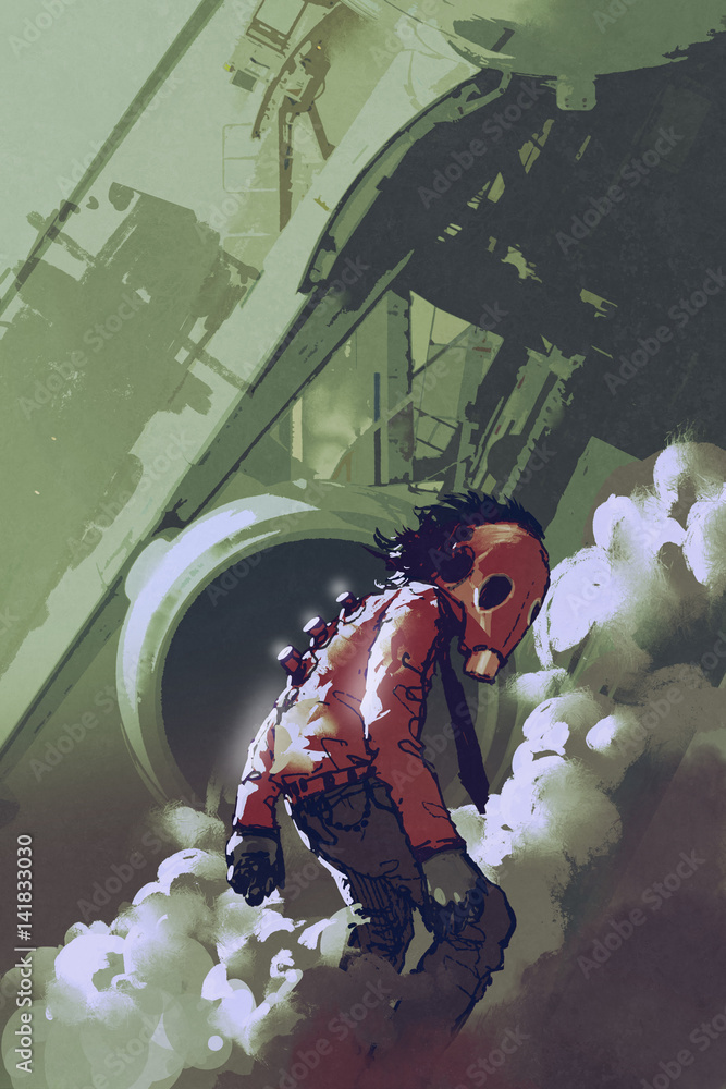 Obraz premium futuristic character of red gas mask man standing in white smoke,illustration painting