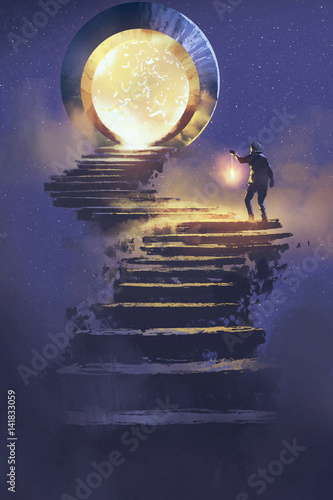 man with a lantern walking on stone staircase leading up to fantasy gate,illustration painting