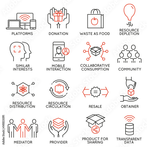 Vector set of 16 thin icons related to altruism, cooperation, collaborative consumption and volunteering. Mono line pictograms and infographics design elements - part 1