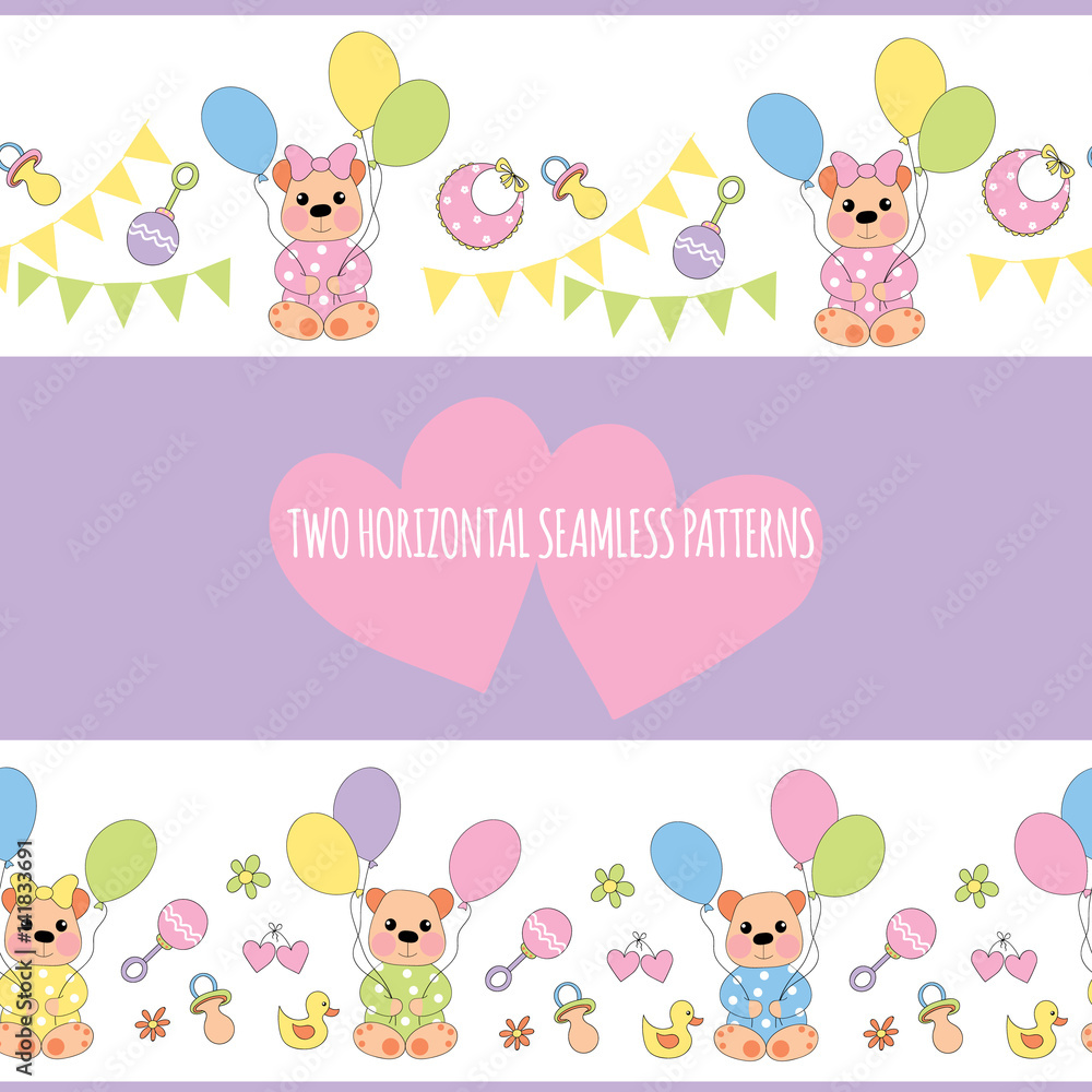 Two horizontal seamless patterns with baby-bear Two horizontal seamless patterns with baby-bear