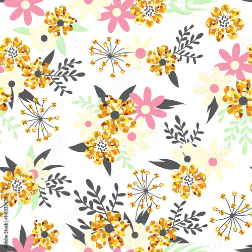 Seamless background with abstract flowers with sparkles