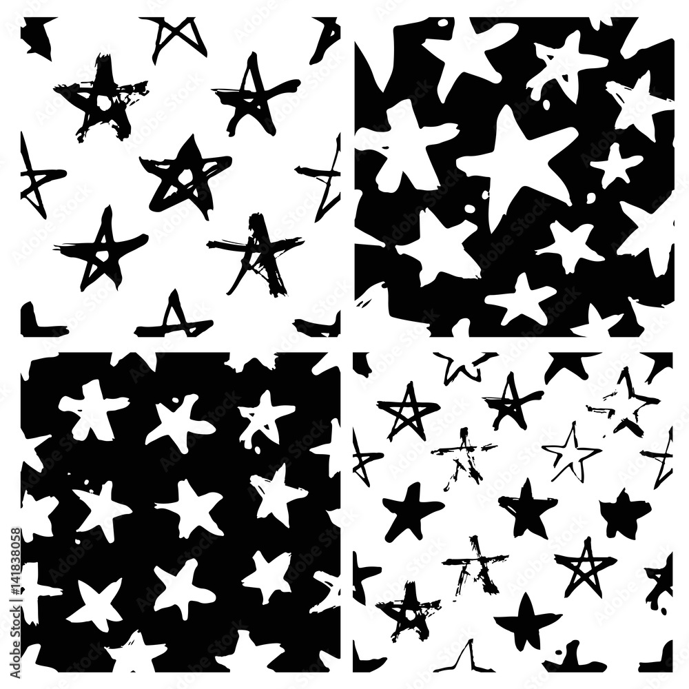 Set of hand drawn paint seamless pattern. Black and white stars ...
