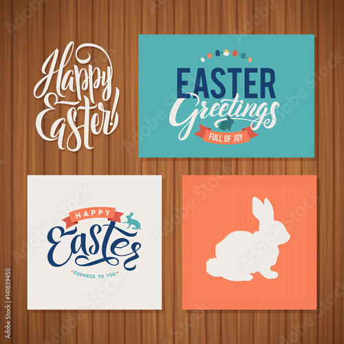 Happy Easter Calligraphy Greeting Card Set. Hand Lettering. Holiday Greetings. Bunny Eggs and Chicken