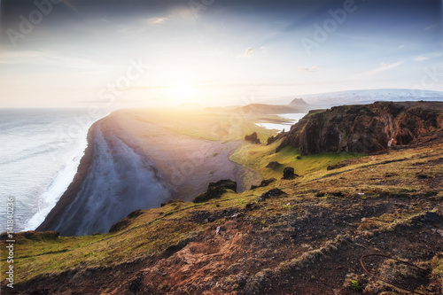 Landscape with ocean and Reynisfjall mount. Iceland
