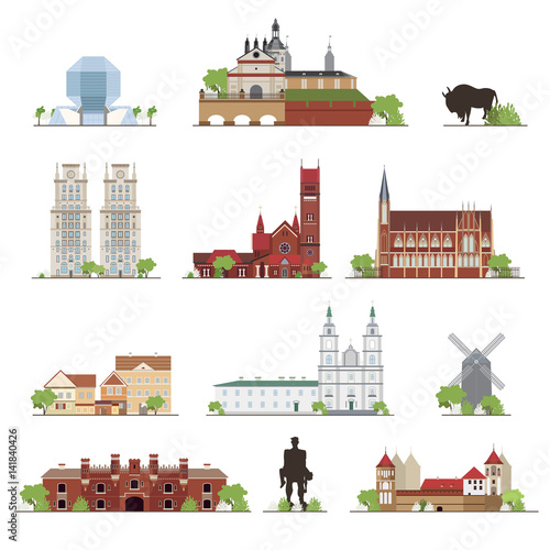 Set of Belarus country buildings, famous places in flat style. illustration collection.