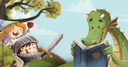 niños caballero y princesa con dragon de cuento