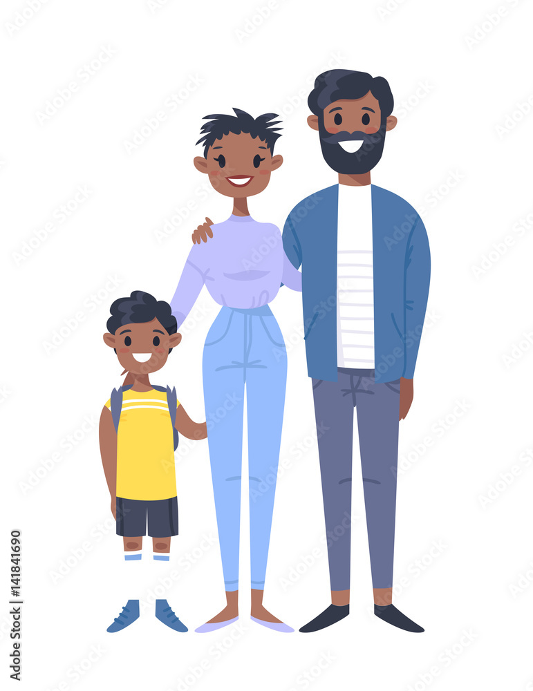 Young couple with son. Hand drawn black woman, man and boy. Flat style  vector illustration family. Cartoon characters Stock Vector | Adobe Stock