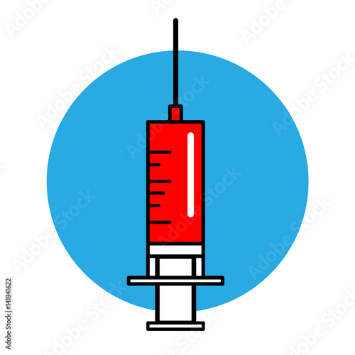Syringe icon for injection vaccine with red blood liquid, isolated white background.