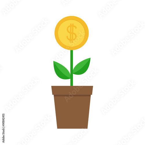 Growing money tree big coin with dollar sign Plant in the pot. Financial growth concept. Successful business icon. Flat design. White background. Isolated.