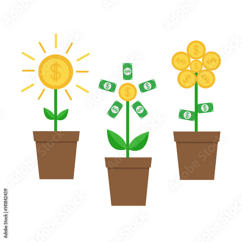 Growing money tree shining coin with dollar sign set. Plant in the pot. Financial growth concept. Successful business icon. Flat design. Isolated. White background.