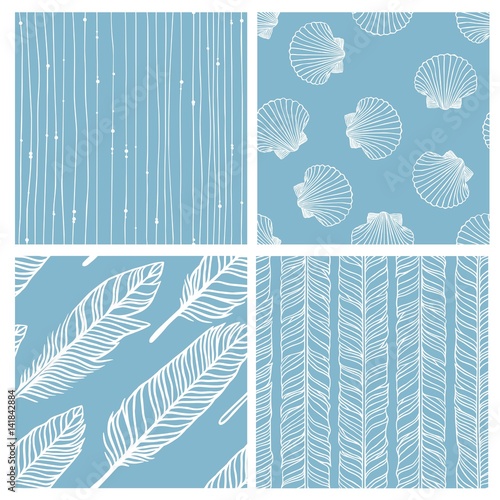 Set of seamless pattern with stripes, shells, feathers. Hand drawn vector illustration