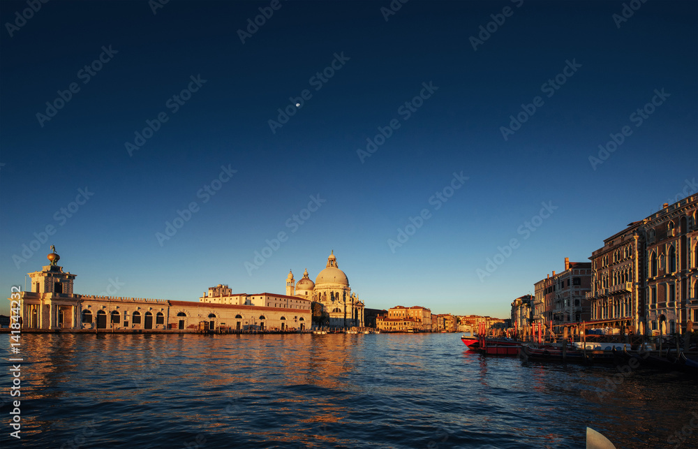 Beautiful view of the old cathedral of Santa Maria della Salute in night scenes in Venice, Italy
