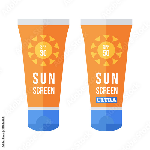 Flat design vector sunscreen bottles, tubes isolated in white background.