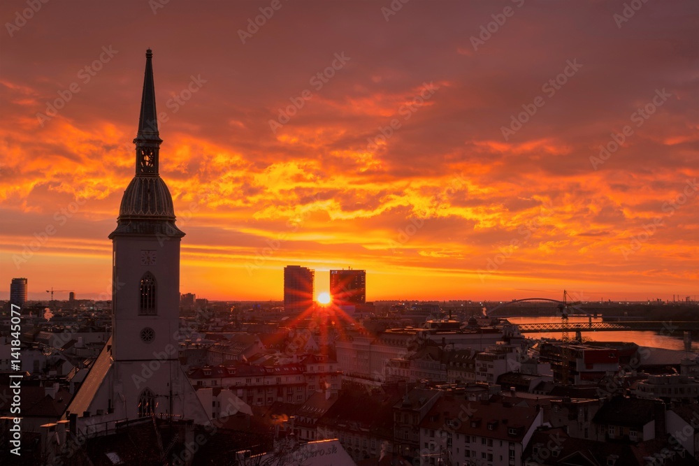 Bratislava, Slovakia - March 19, 2017: Sunset over the city. Photo is taken from Bratislava Castle