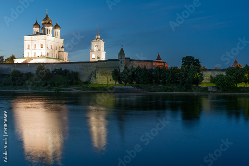 Ancient Pskov Kremlin and river Velikaya at twilight, Russia