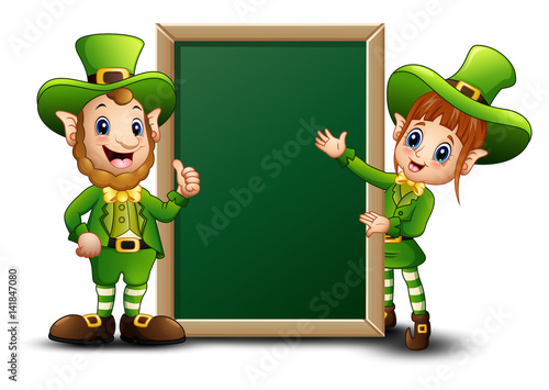 Man and girl cartoon leprechaun with green chalkboard