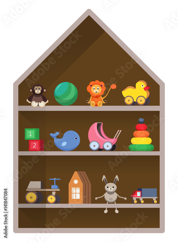 Kids shop, shelf with toys. Colorful childish illustration.