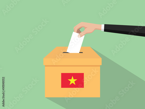 vietnam vote election concept illustration with people voter hand gives votes insert to boxes election with long shadow flat style