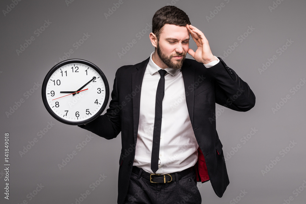 Handsome business man with clock in hand, sad beasy with time, Handsome business man with clock in hand, sad beasy with time,