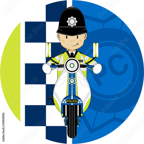 Cute Cartoon British Police Officer on Motorbike