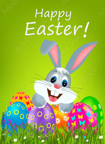 Easter greeting card with colorful eggs and bunny.