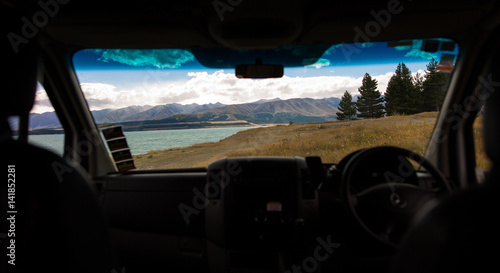 Looking through the window of a camper van, New Zealand 