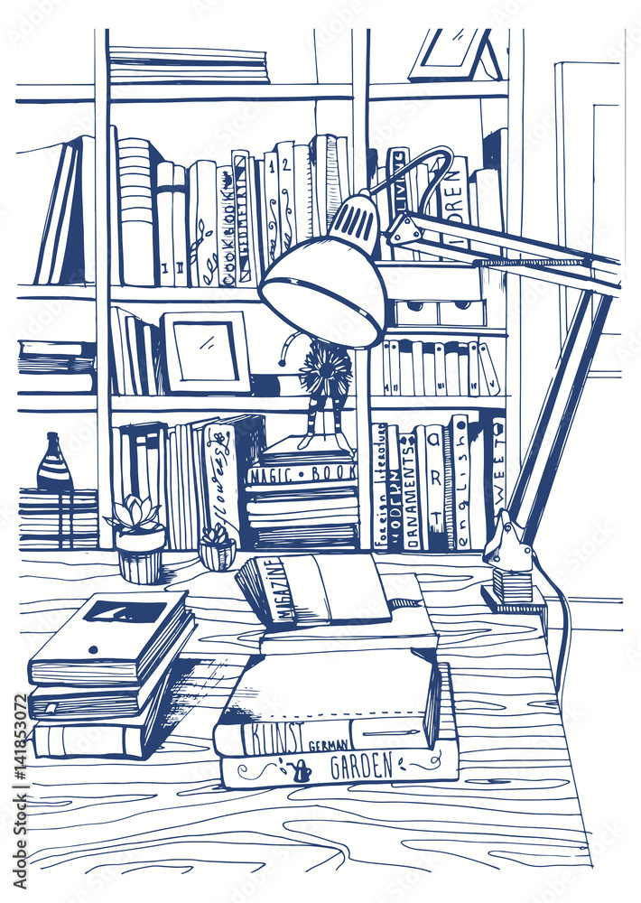 Modern interior home library, bookshelves, hand drawn sketch illustration.  Stock Vector | Adobe Stock