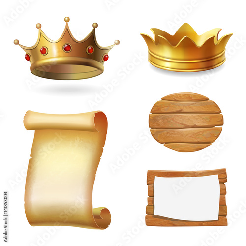 Medieval icons. Gold crown, scroll and signboard. Illustration vector.