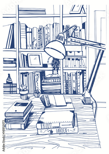 Modern interior home library, bookshelves, hand drawn sketch illustration.