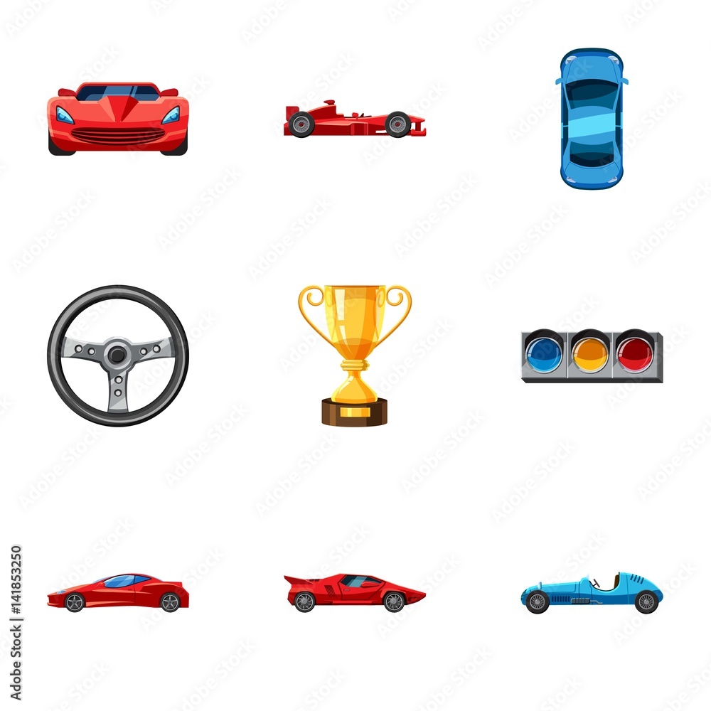 Racing accessories icons set, cartoon style Racing accessories icons set, cartoon style