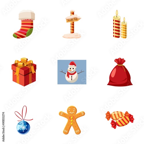 Winter holiday icons set, cartoon style