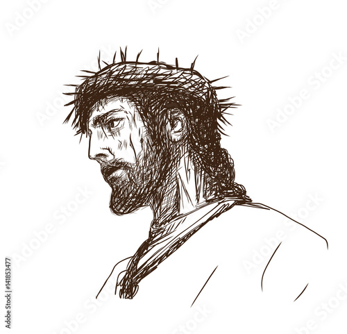 Hand drawn sketch of Jesus Christ with crown of thorns in vector illustration.