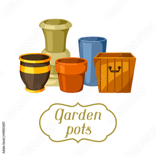 Garden pots. Background with various color flowerpots