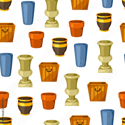 Garden pots. Seamless pattern with various color flowerpots