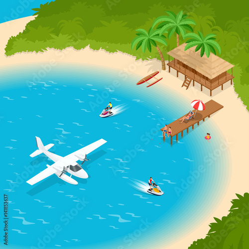 Its Summer Time or Summer vacation concept. Luxury overwater thatched roof bungalow in a honeymoon vacation resort in the clear blue lagoon with a view on the tropical island. Tropical vacations.